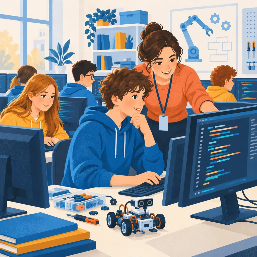 Студенты колледжа программируют в компьютерном классе вместе с преподавателем